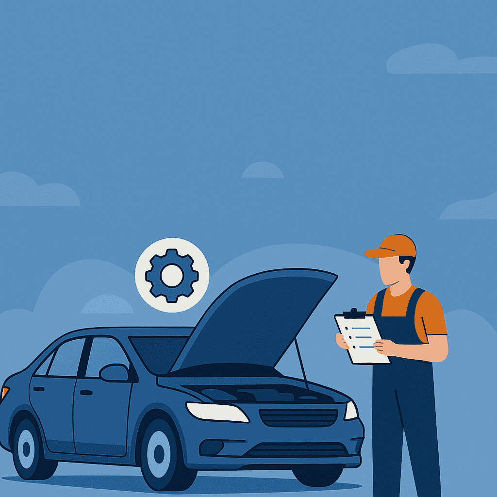 Car being inspected by mechanic with clipboard. Vehicle maintenance.