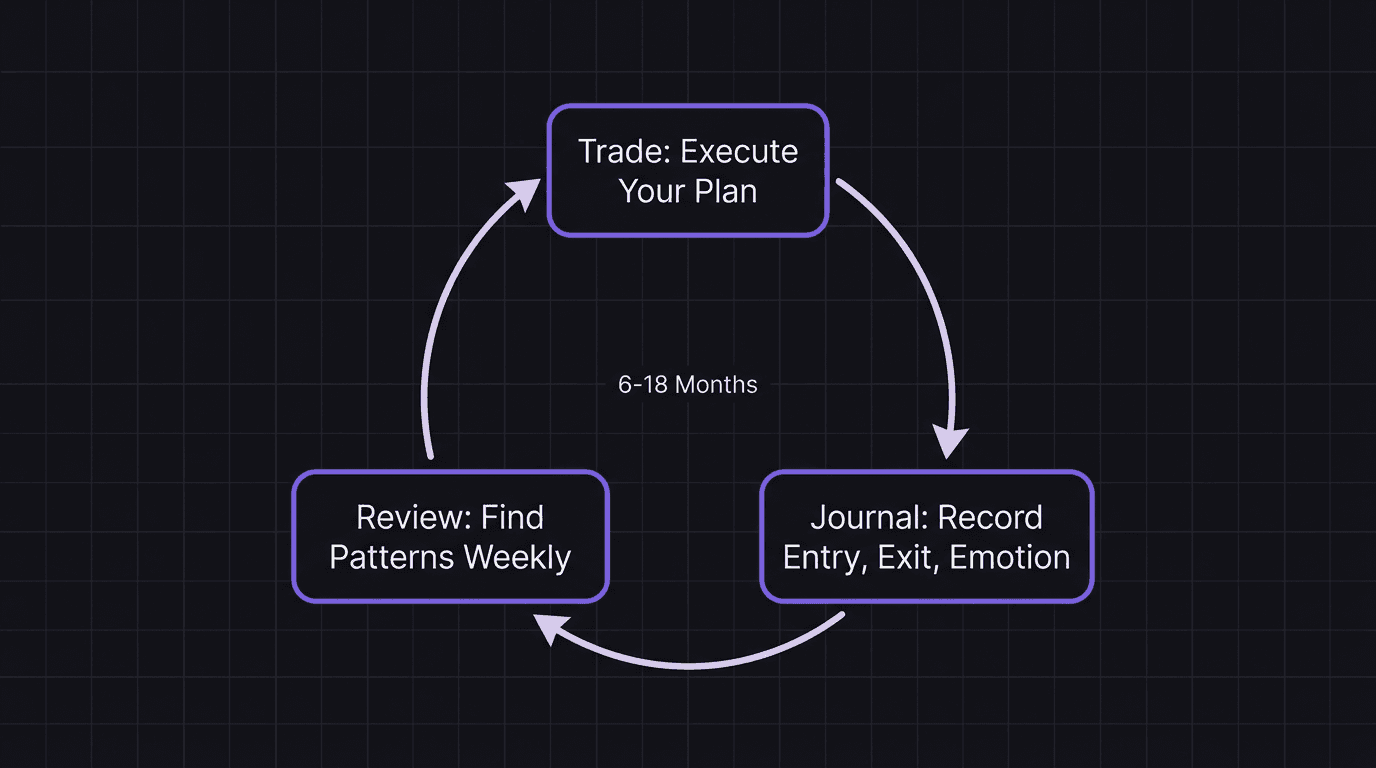 Flowchart showing the daily trade journal review loop for skill building
