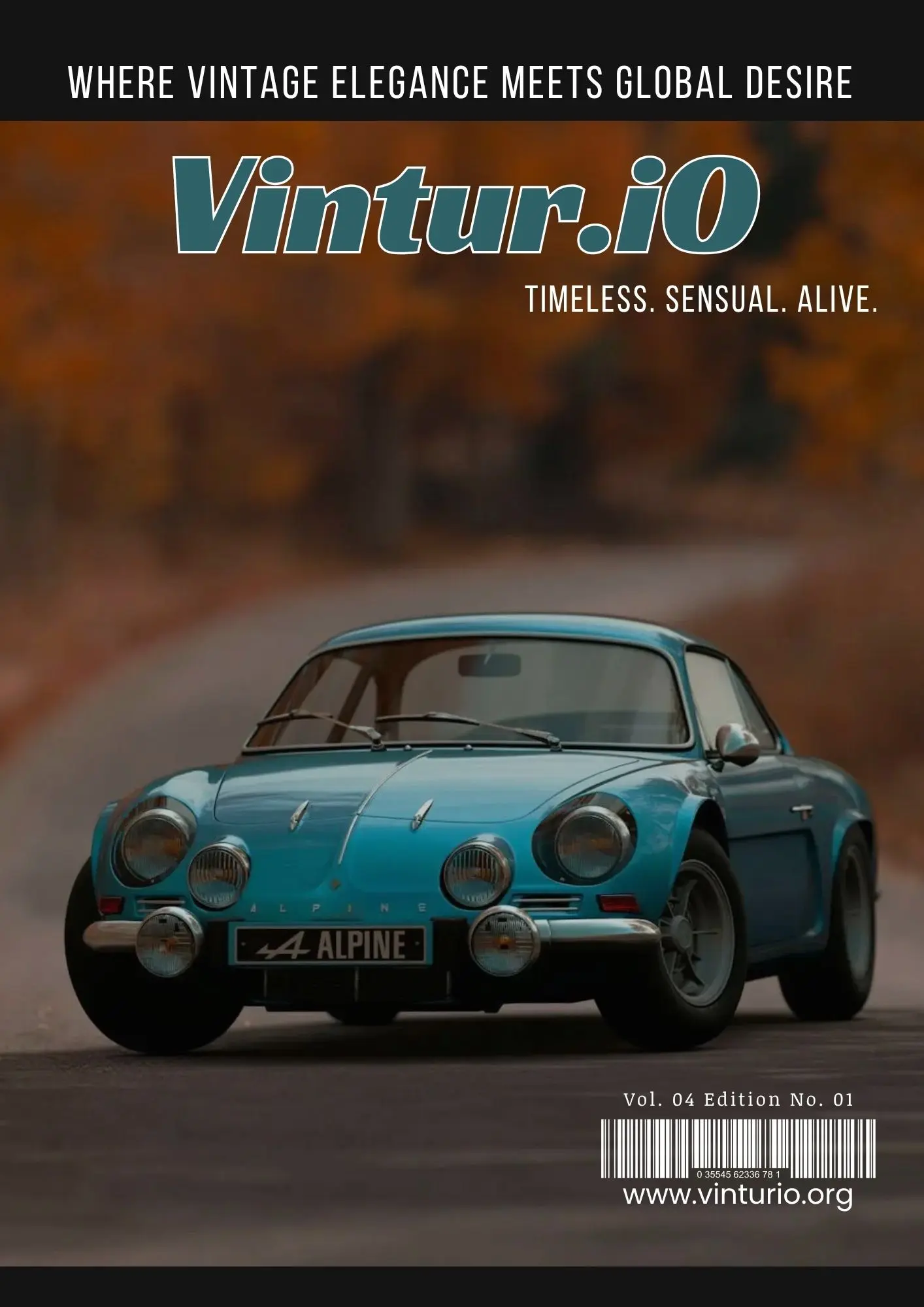 Blue Alpine A110 vintage sports car on a scenic country road in autumn — Vintur.io Mini-Mag, where vintage elegance meets global desire.