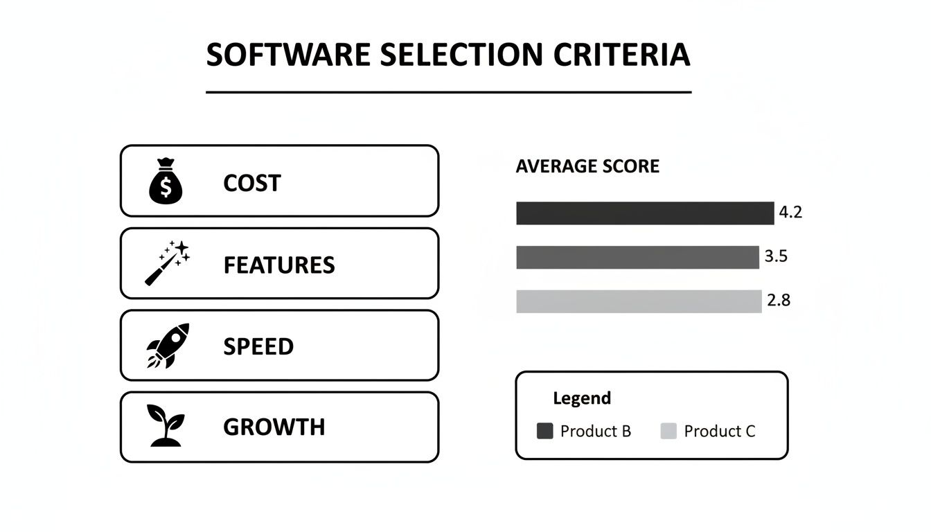 Software selection criteria chart, listing cost, features, speed, growth, and average scores for Product B and Product C.