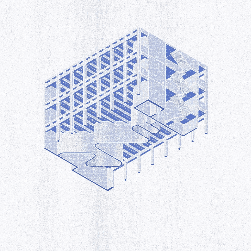 Isometric architectural blueprint of a building frame with a partially exposed interior.