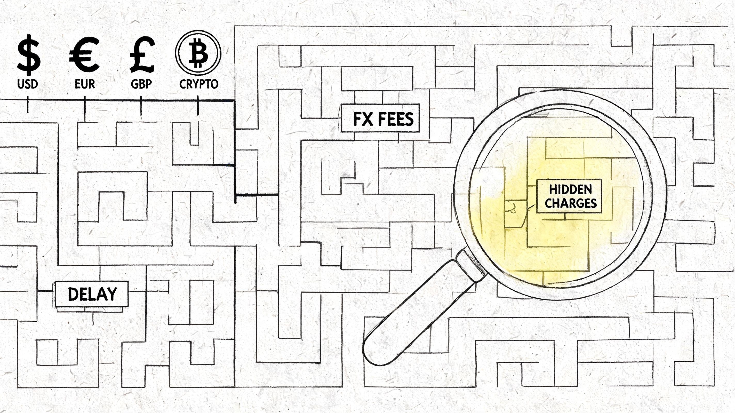 A hand-drawn illustration showing a complex maze representing the difficulties and hidden costs of international financial transactions.