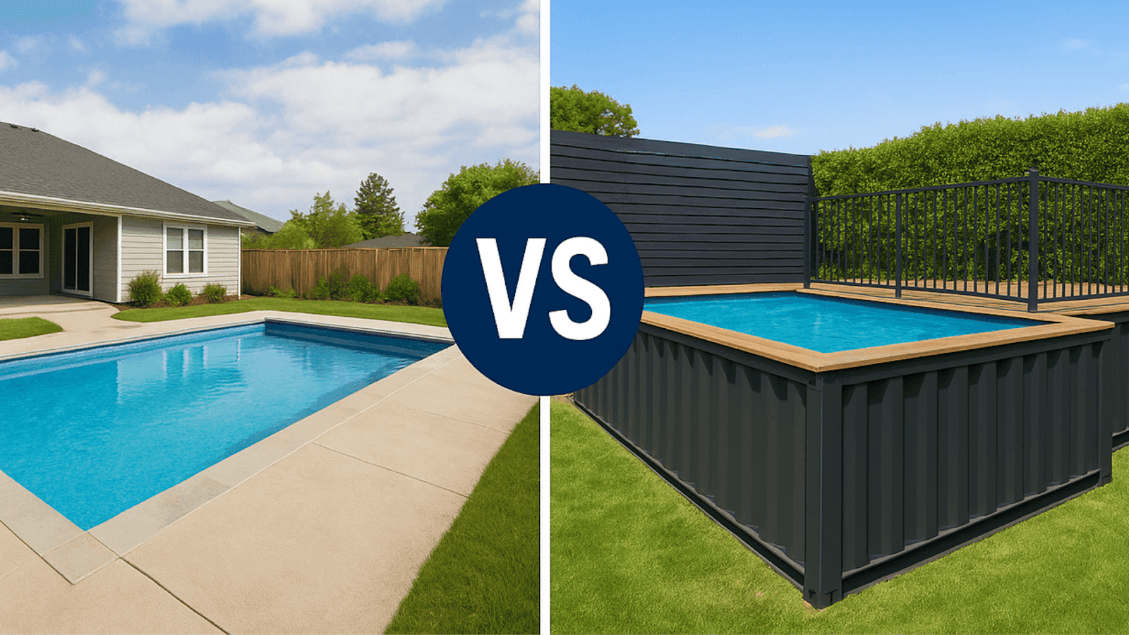 Side-by-side comparison of a traditional inground pool and a shipping container pool with deck, highlighting faster and more affordable installation