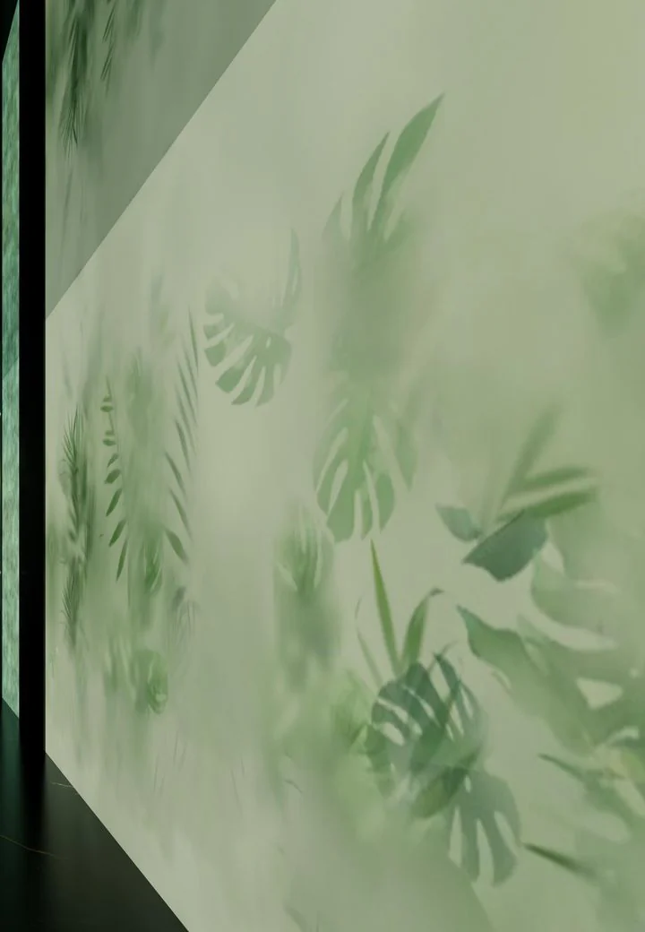 Paroi de verre dépoli aux motifs de feuillages, dans une lumière verte (visuel d’architecte)