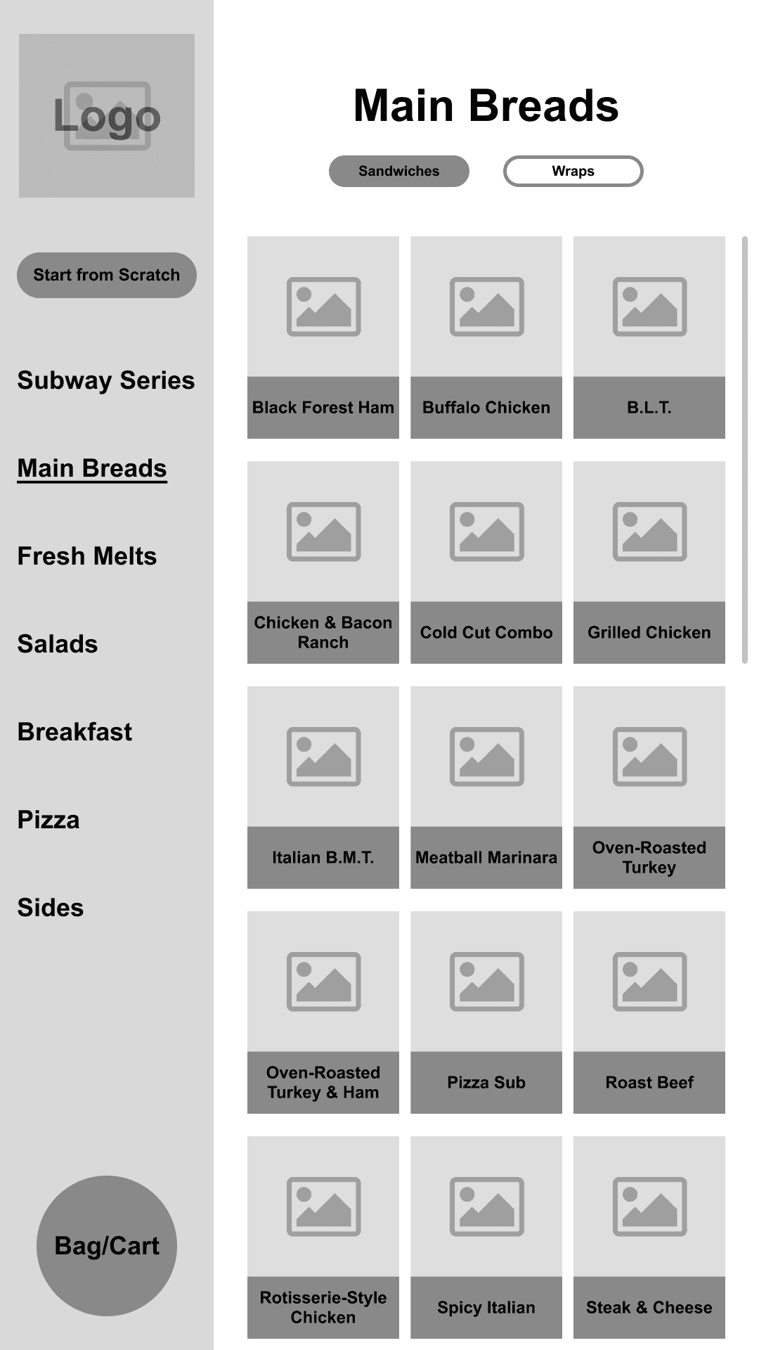 Wireframe design of the categories screen.