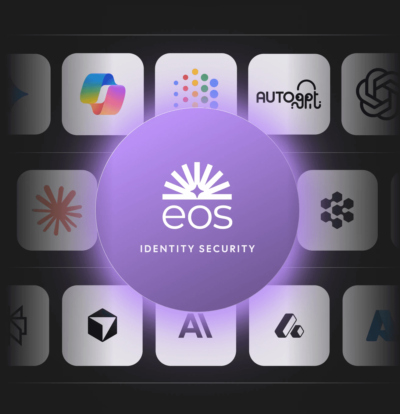 A vibrant digital graphic featuring the EOS Identity Security logo in the center, highlighted by a glowing purple circle, surrounded by various tech and cybersecurity brand icons on a dark interface background.