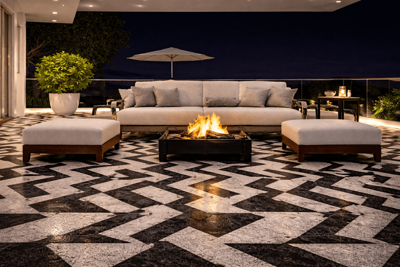 Outdoor tiled flooring surface showing uniform pattern in modern home setting