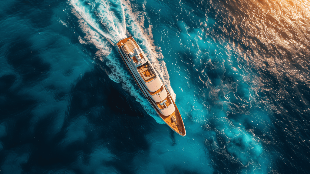Aerial view of a luxurious yacht gliding through vibrant blue waters, creating frothy waves in the sunlight.