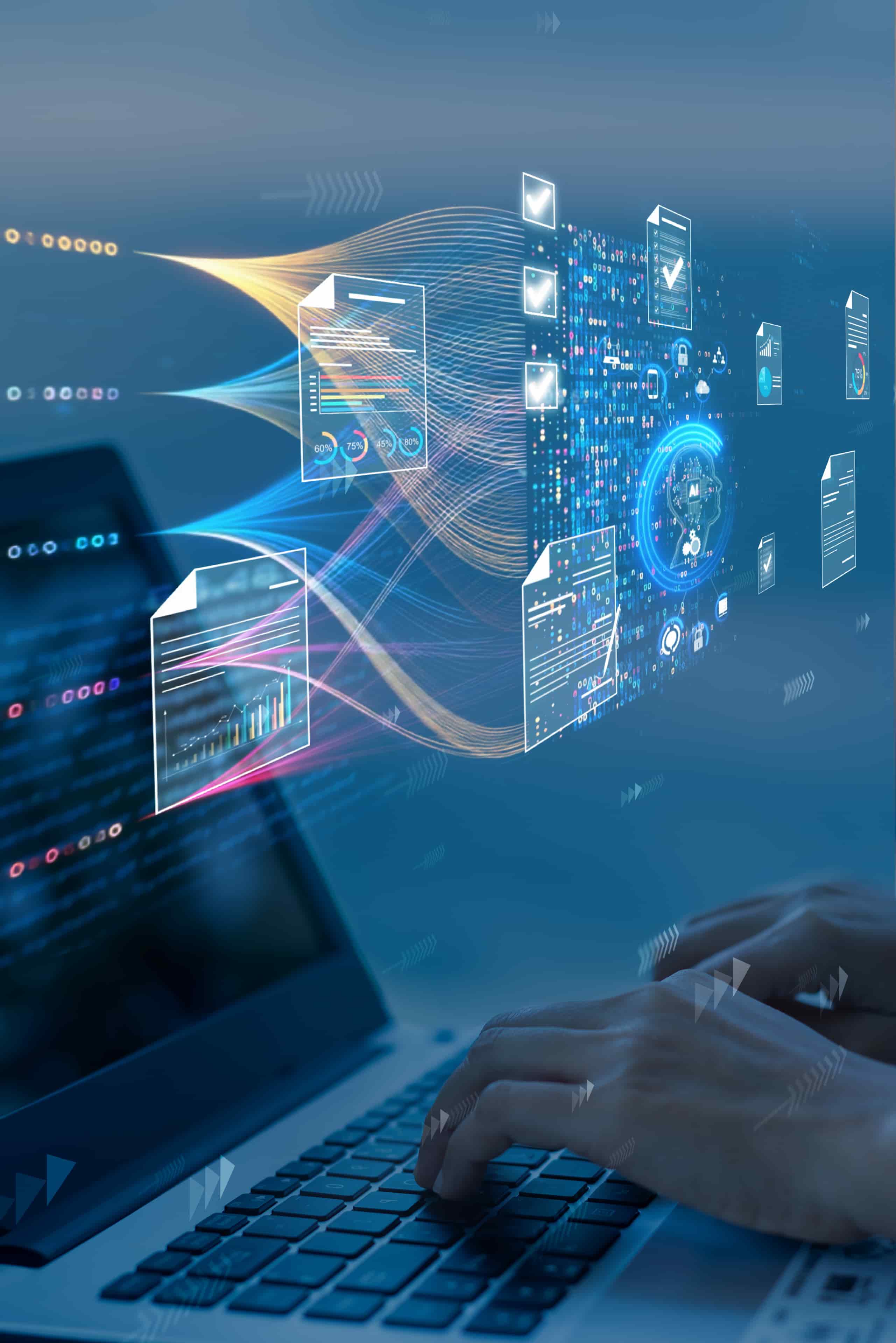 A diverse team collaborates around a table, analyzing documents and charts in a professional setting with a light green background.