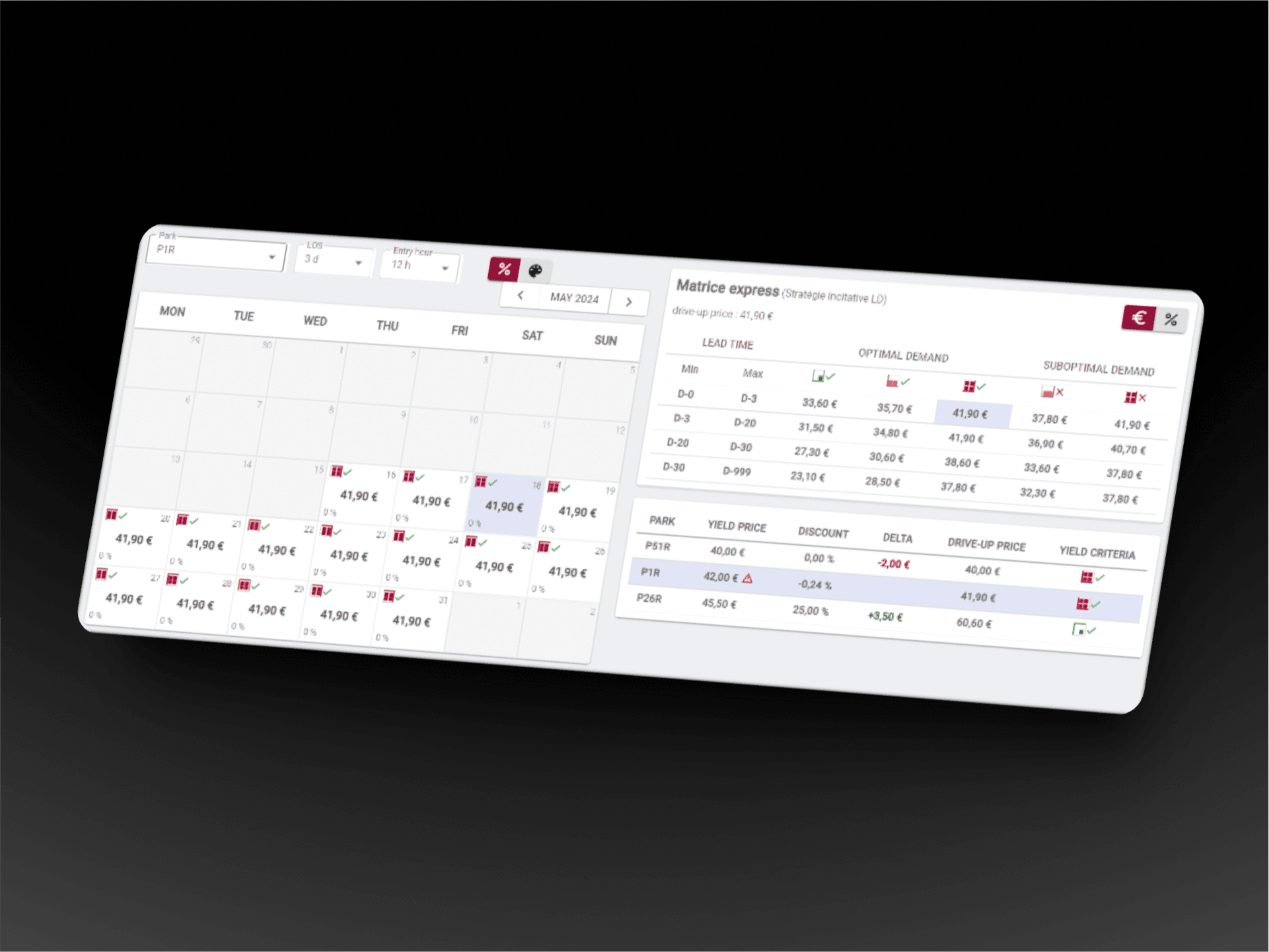 A pricing calendar interface showing optimal and suboptimal demand, used to determine dynamic pricing strategies based on historical and real-time data.