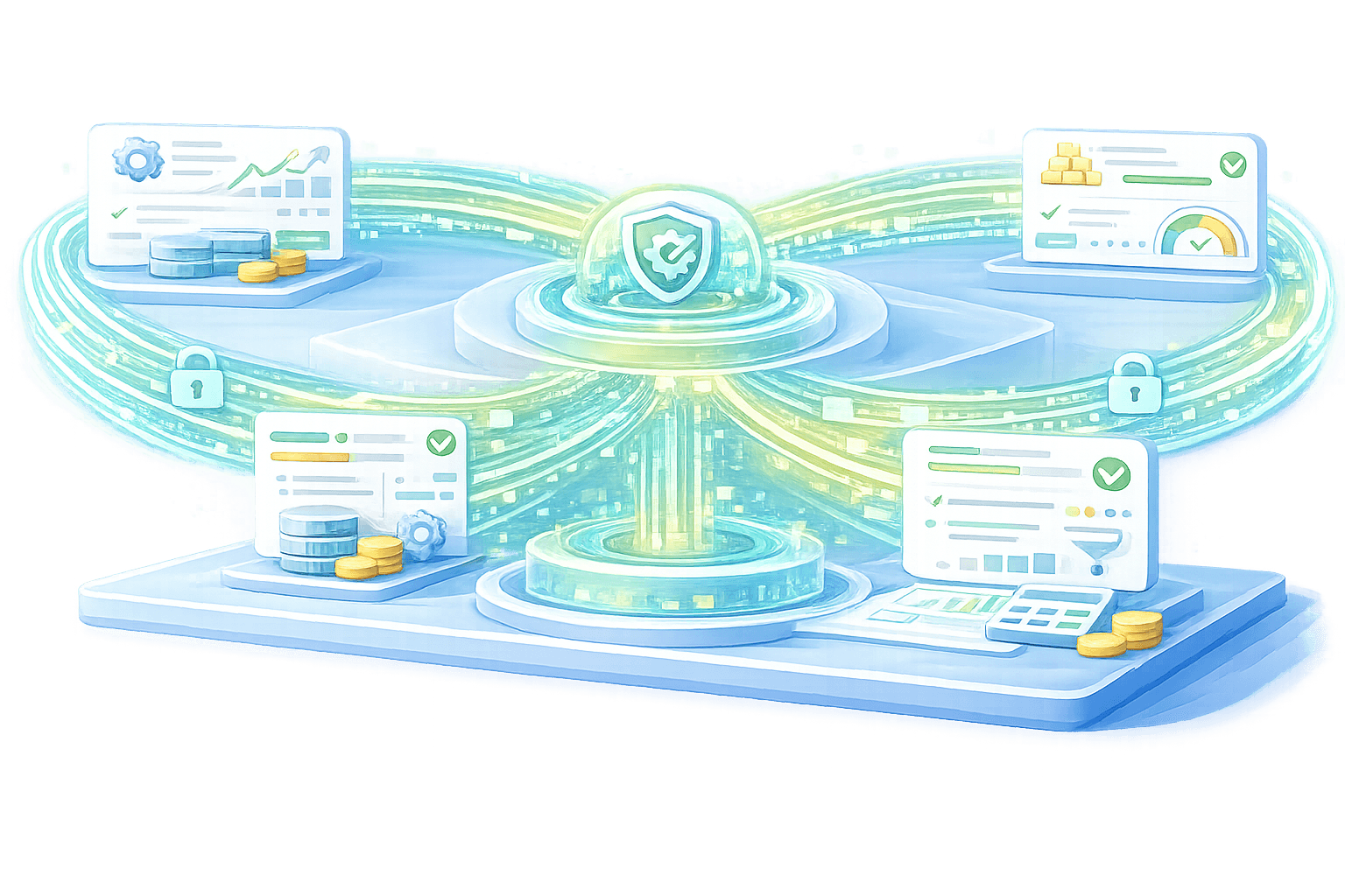 Ilustrasi digital futuristik bertema biru dan neon yang menampilkan pusat keamanan data sebagai inti dari sebuah ekosistem keuangan. Gambar ini memperlihatkan aliran data bercahaya yang menghubungkan ikon perisai pelindung dengan berbagai panel instrumen seperti grafik investasi, tumpukan koin emas, dan kalkulator, yang melambangkan integrasi teknologi finansial yang aman dan transparan.