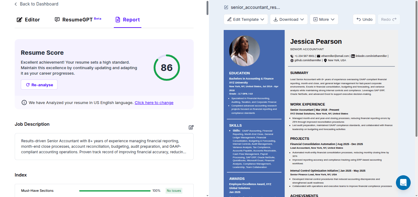 ResumeUp.AI scan report showing senior accountant resume match score