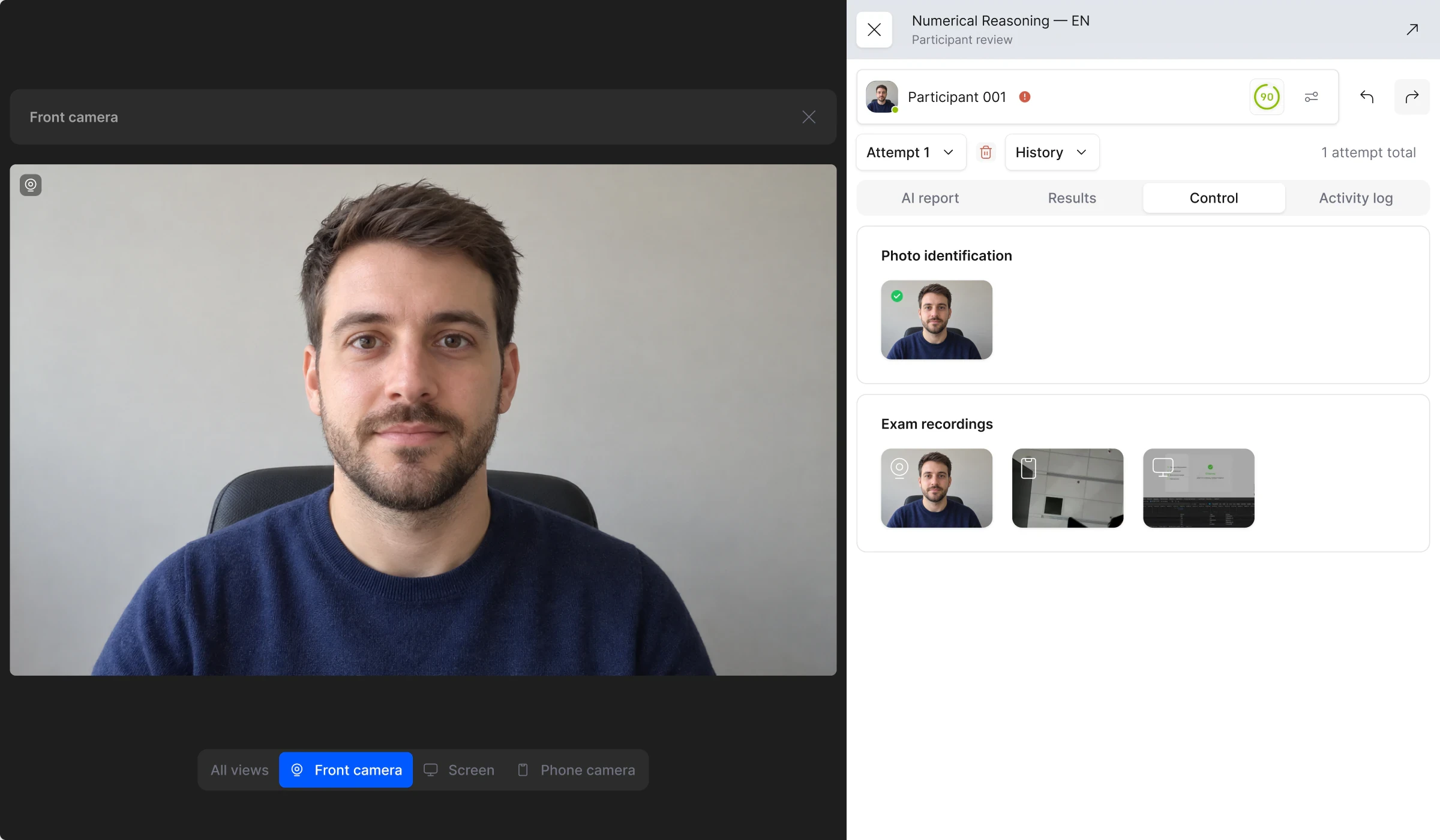 TrustExam participant review: one identity check and exam recordings, with an AI-generated participant