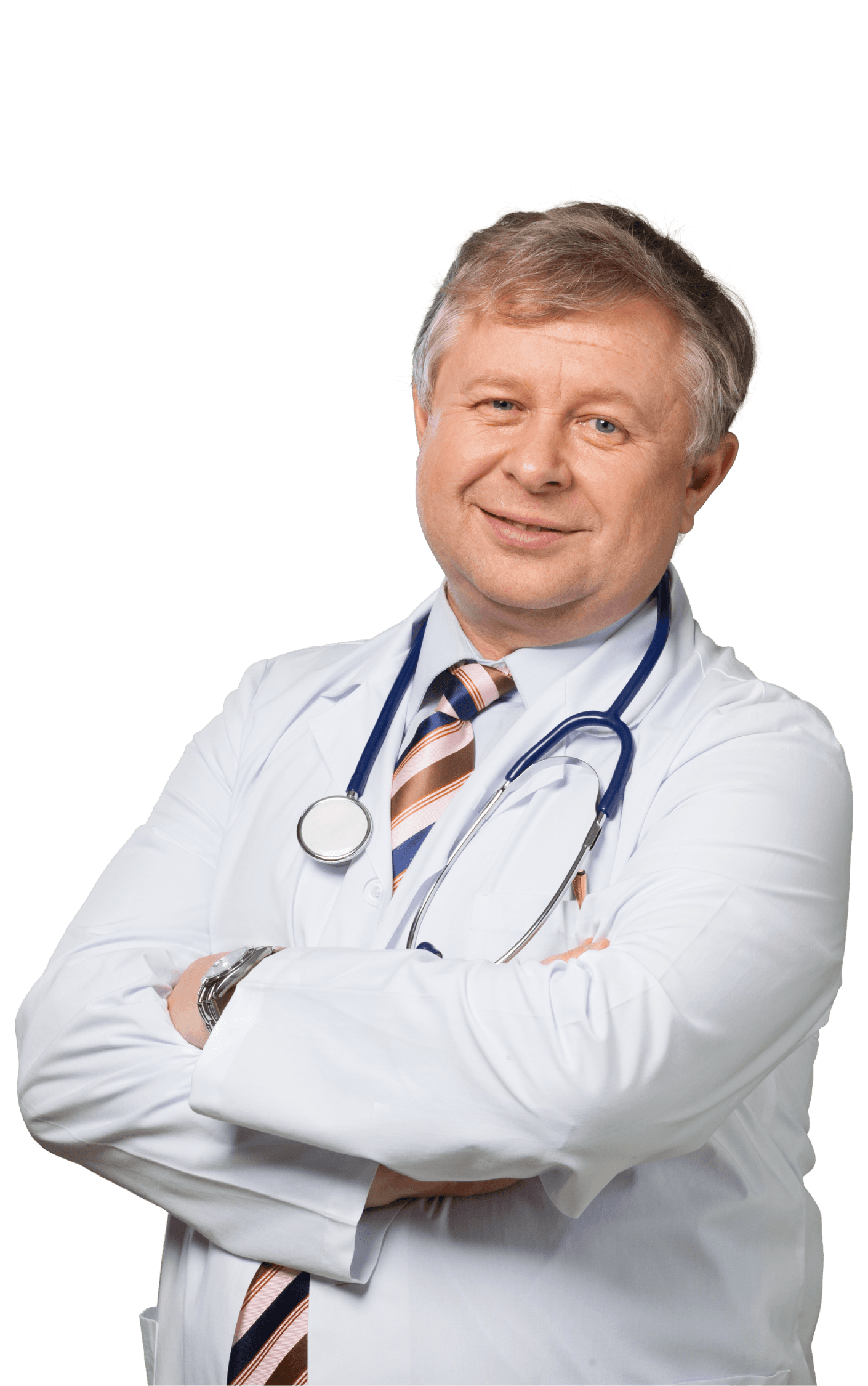 Portret lekarza z założonymi rękami, w białym kitlu i krawacie