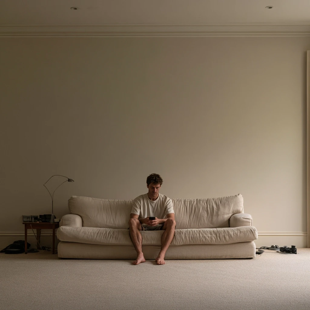 Man sitting alone on a sofa holding a phone face down in his lap