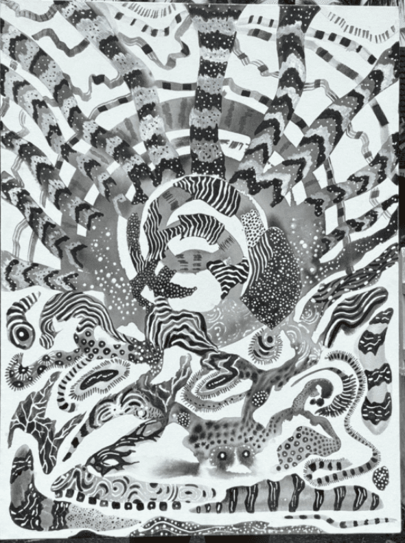 herd of sheep on road painting