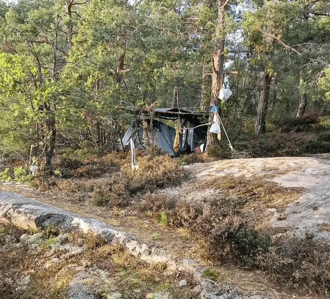 En enkel skyddad plats uppbyggd i skogsmiljö.