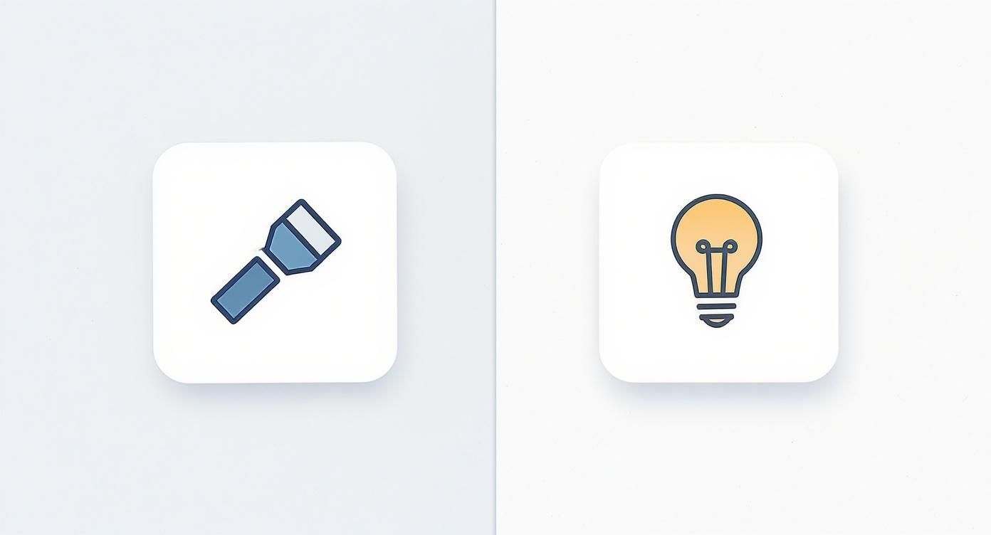 Two minimalist icons: a blue flashlight on a left white square and an orange lightbulb on a right white square.