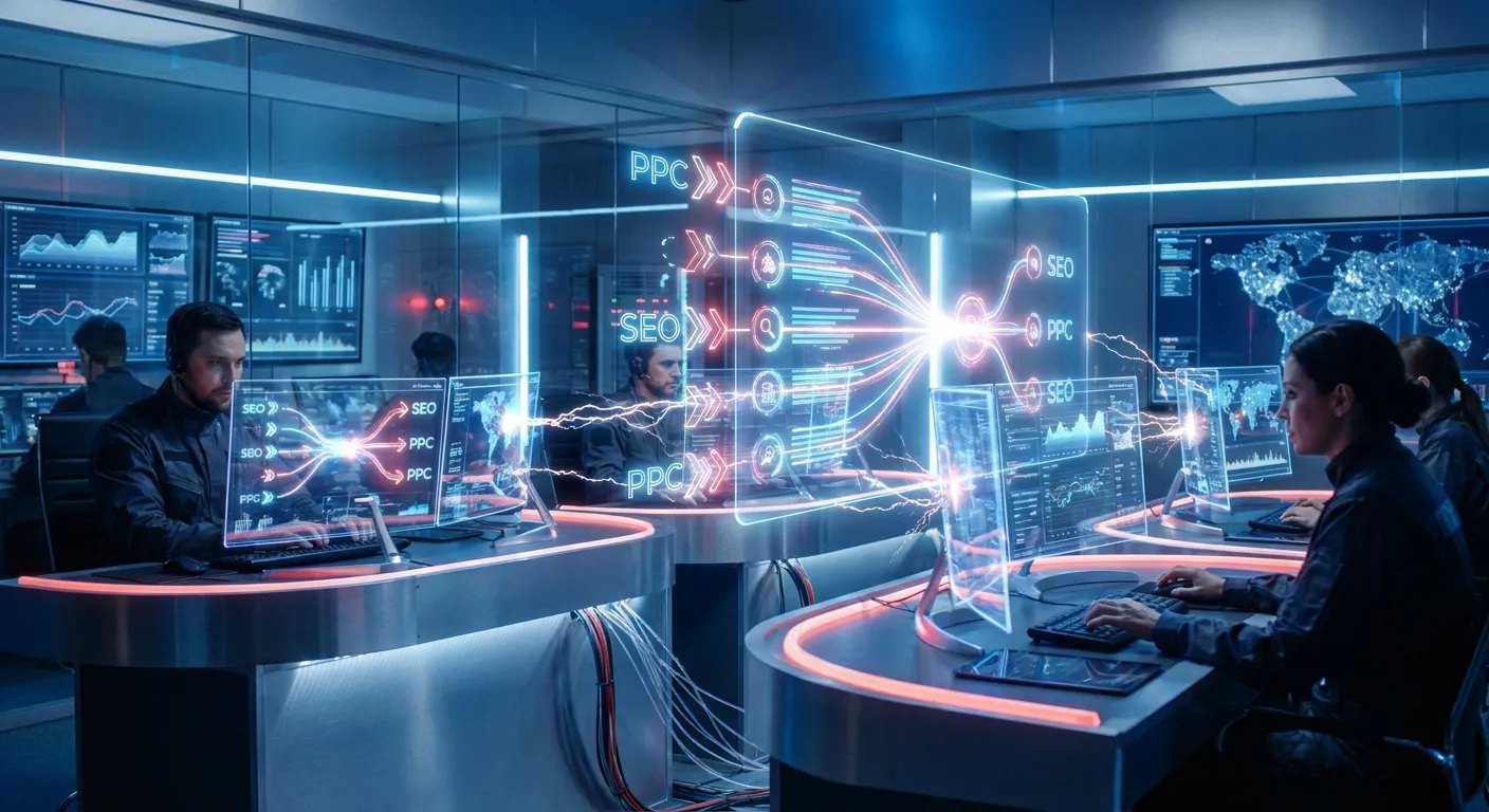 Futuristic dashboard at RockN' Socials Digital Marketing Agency headquarters.