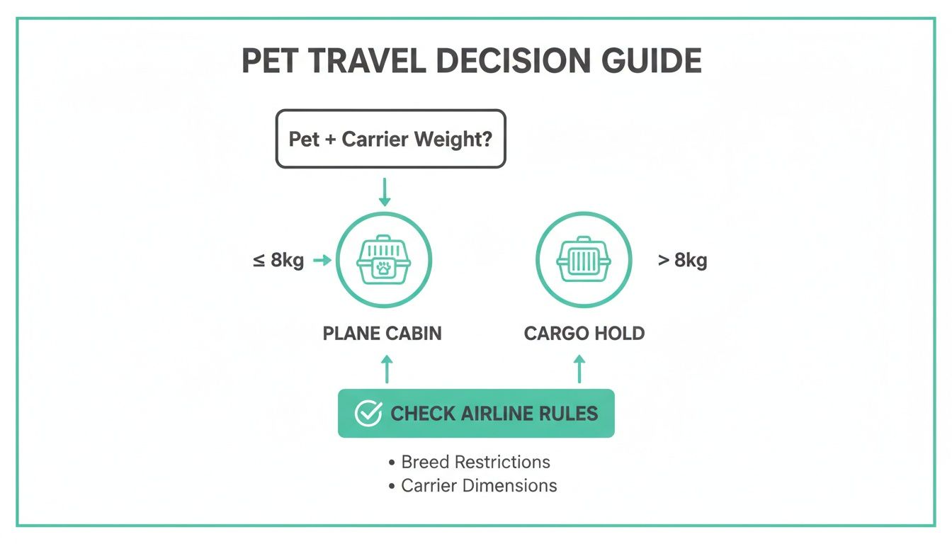 Flowchart guiding pet owners on airline travel decisions, considering pet and carrier weight.