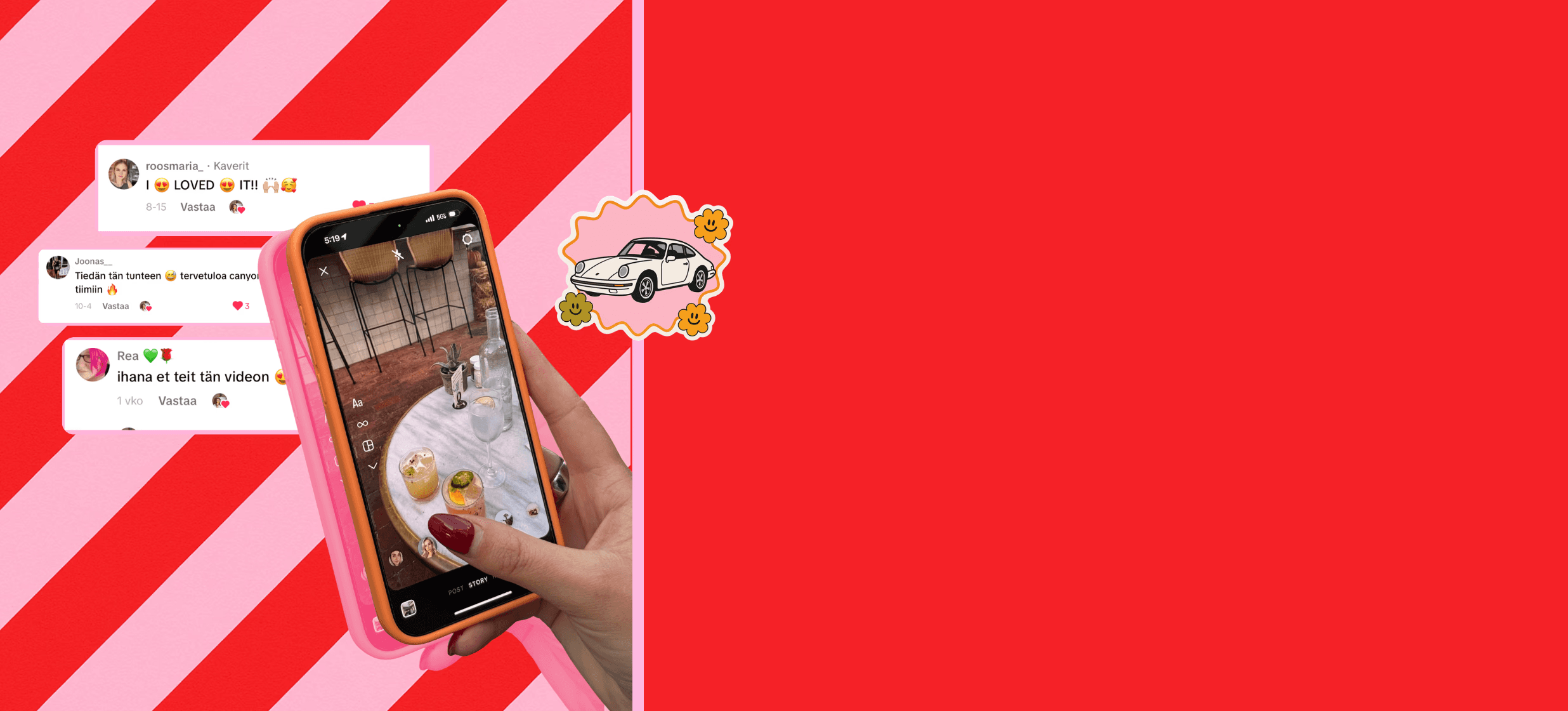 Henkilö pitää kädessään puhelinta, jonka näytöllä näkyy kahvilapöytä kuvattavana lyhytvideota varten. Taustalla näkyy TikTok-kommentteja, joissa kehutaan videota, punavalkoraidallisella taustalla ja koristekuvilla.