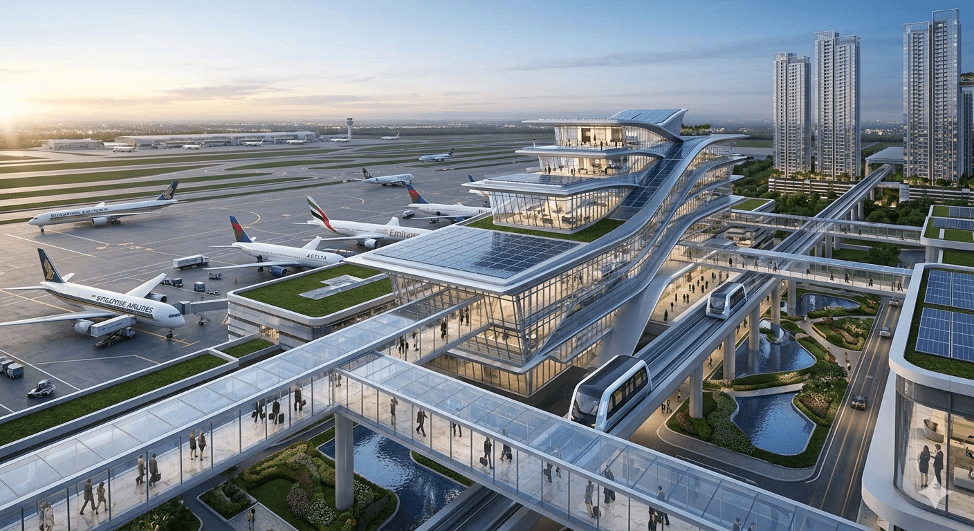 Futuristic architectural bridge connecting premium residential buildings to a modern airport terminal on Dwarka Expressway.