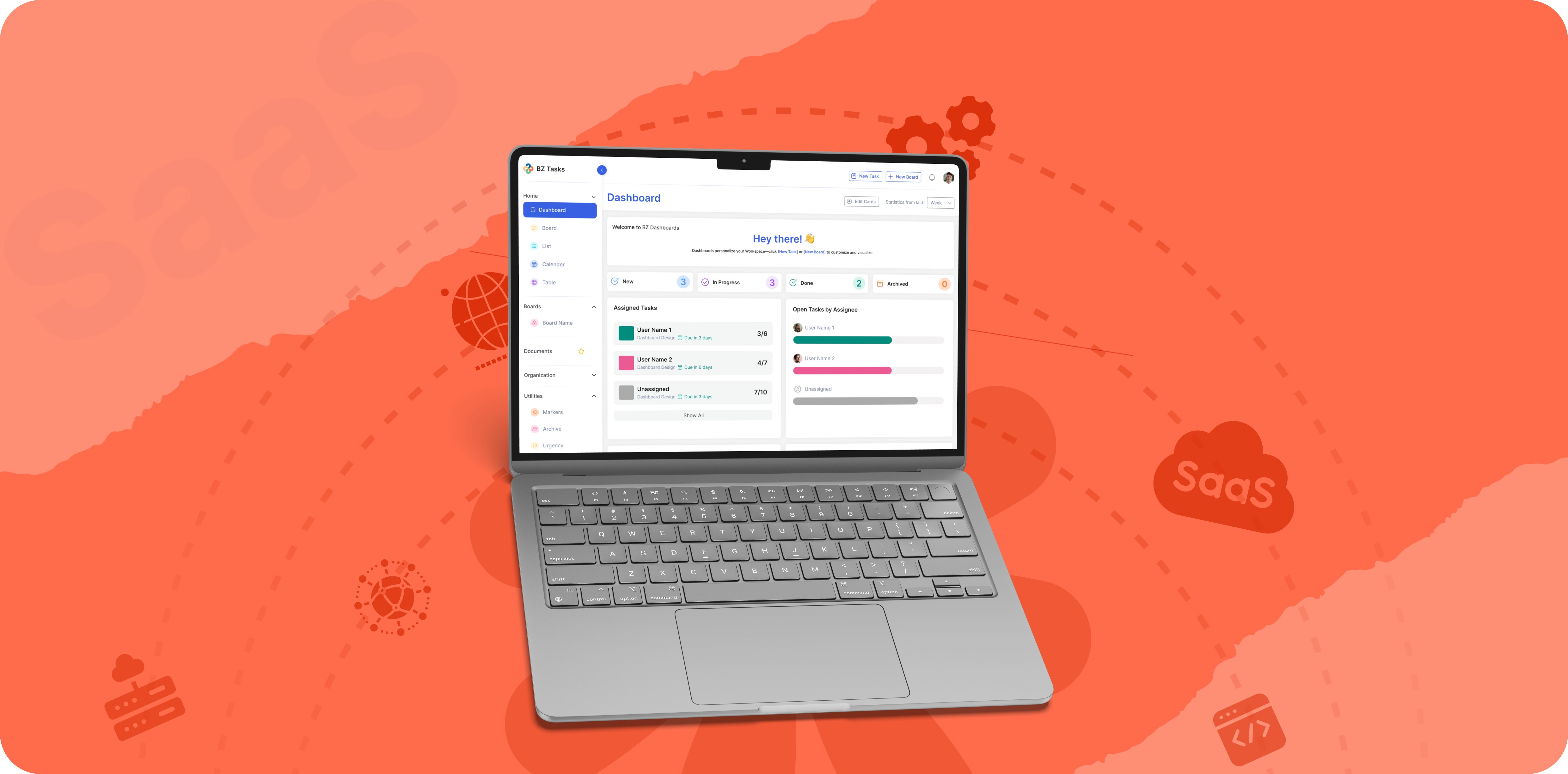 Illustrated laptop showing a SaaS dashboard against a coral-red background with floating UI graphics