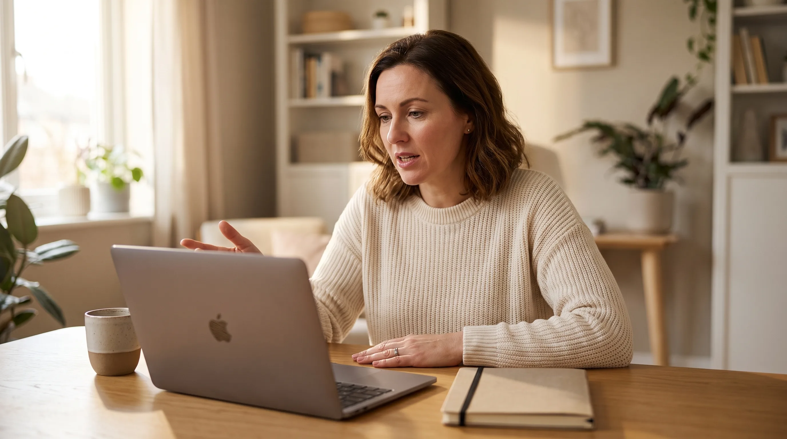 Consultant on a client video call with an on-device notetaker running on her MacBook