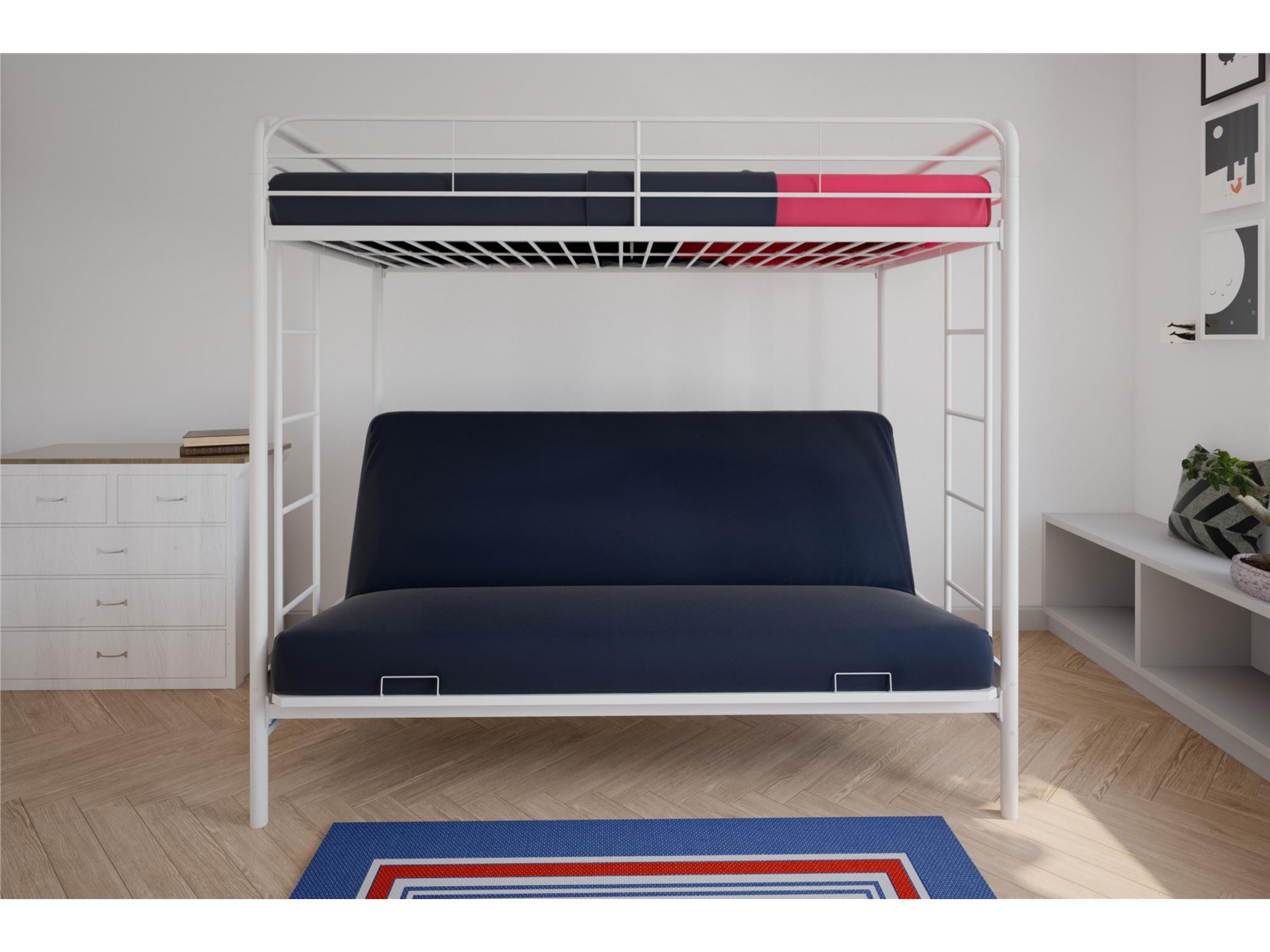 Versatile bunk bed with a cozy couch below, perfect for relaxing or accommodating overnight guests.