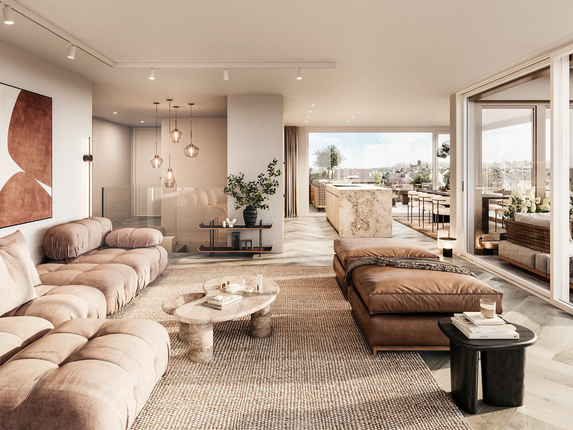 modern eingerichtetes Wohnzimmer der Attikawohnung am Lebernweg