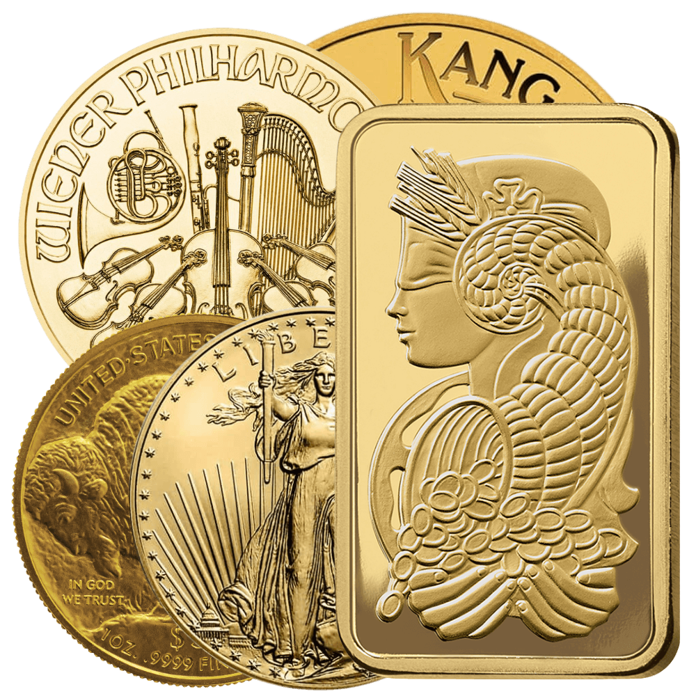 Selection of IRA-eligible gold including American Eagles, Gold Buffalos, and PAMP Suisse bars.