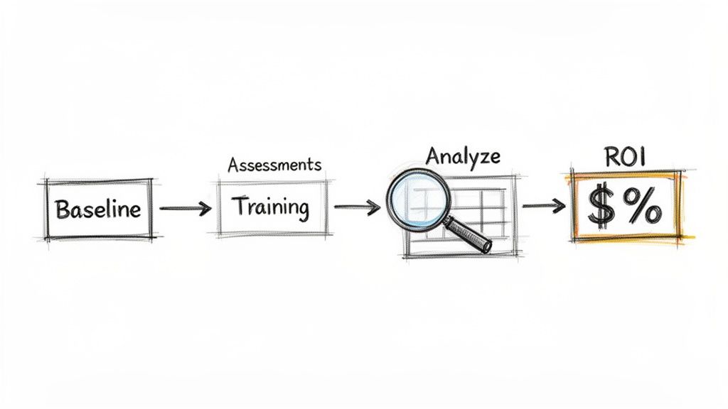 Flowchart depicting steps to measure training effectiveness: Baseline, Assessments, Training, Analyze (with a magnifying glass), and ROI ($%).