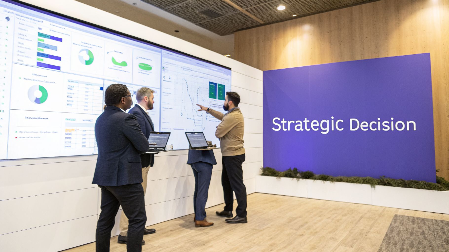 Professionals analyze data on a large screen, discussing strategic decisions in a modern office environment.