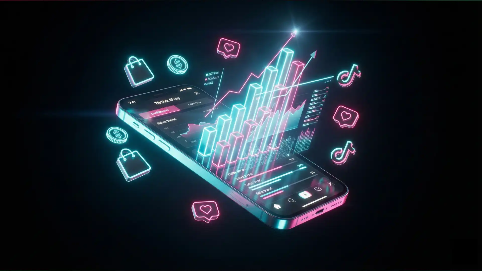 Neon-style 3D smartphone illustration projecting holographic sales charts, symbolizing TikTok Shop revenue growth and viral trends.