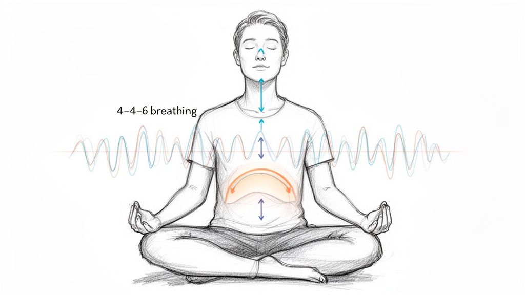 A person practices 4-4-6 breathing meditation, showing diaphragm and chest movement for relaxation.