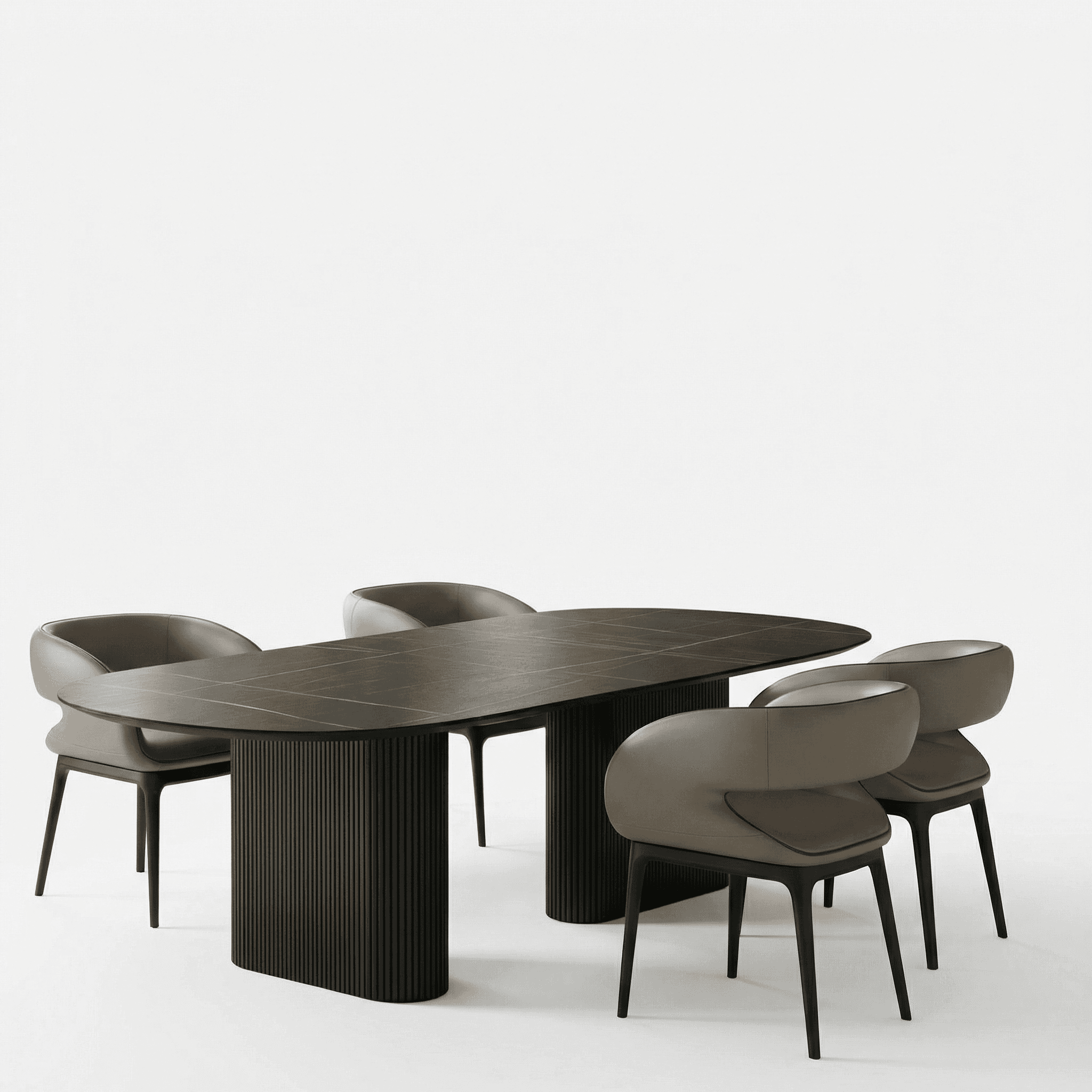 Rounded dining table with ribbed pedestal base, paired with supportive cushioned chairs