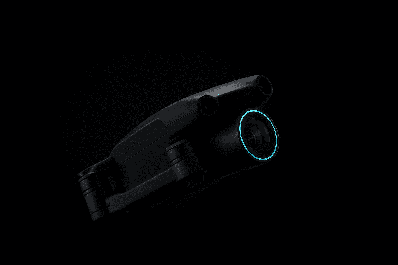 A sleek, black drone with a glowing blue ring around its camera lens is captured against a dark background.