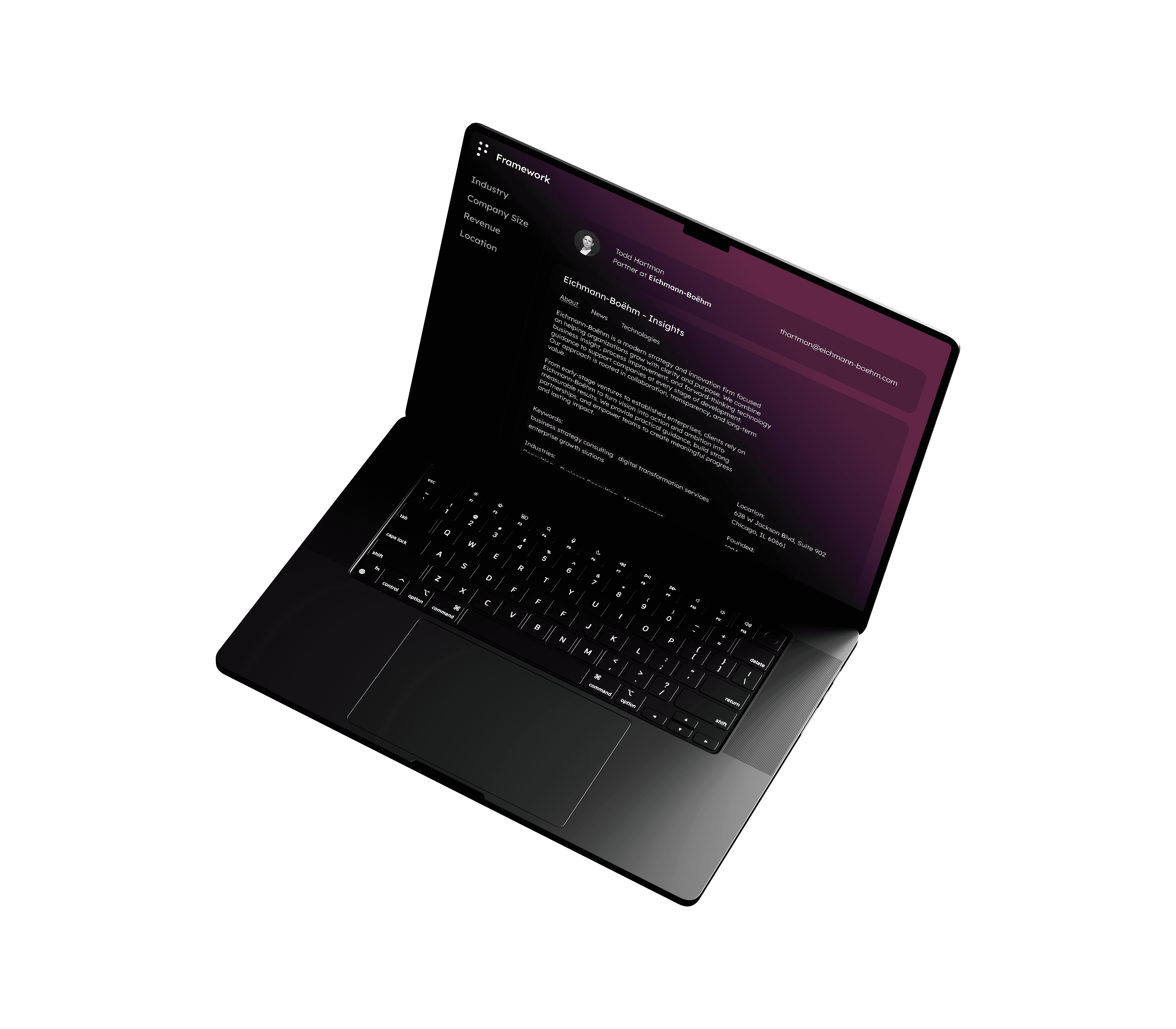 Floating black laptop mockup on a pure black background displaying a dark-mode Framework client insights dashboard with purple gradient lighting. The screen shows company intelligence data, contact information, and business insights in a sleek, modern interface with a premium technology aesthetic.