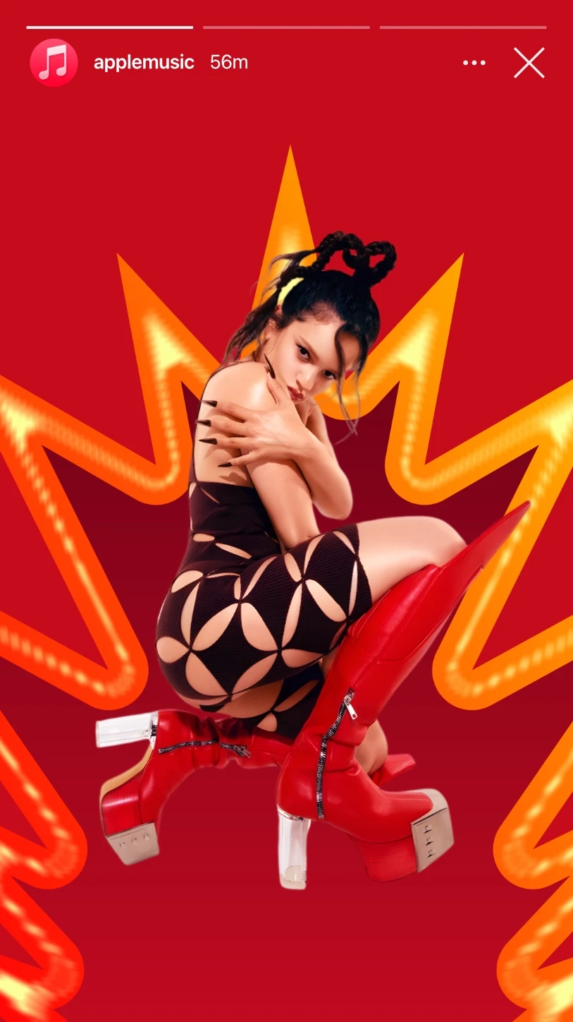 "Social media story design for Caliente Latin music playlist campaign featuring Rosalía, Anitta and Bad Bunny with bold graphic visual identity"