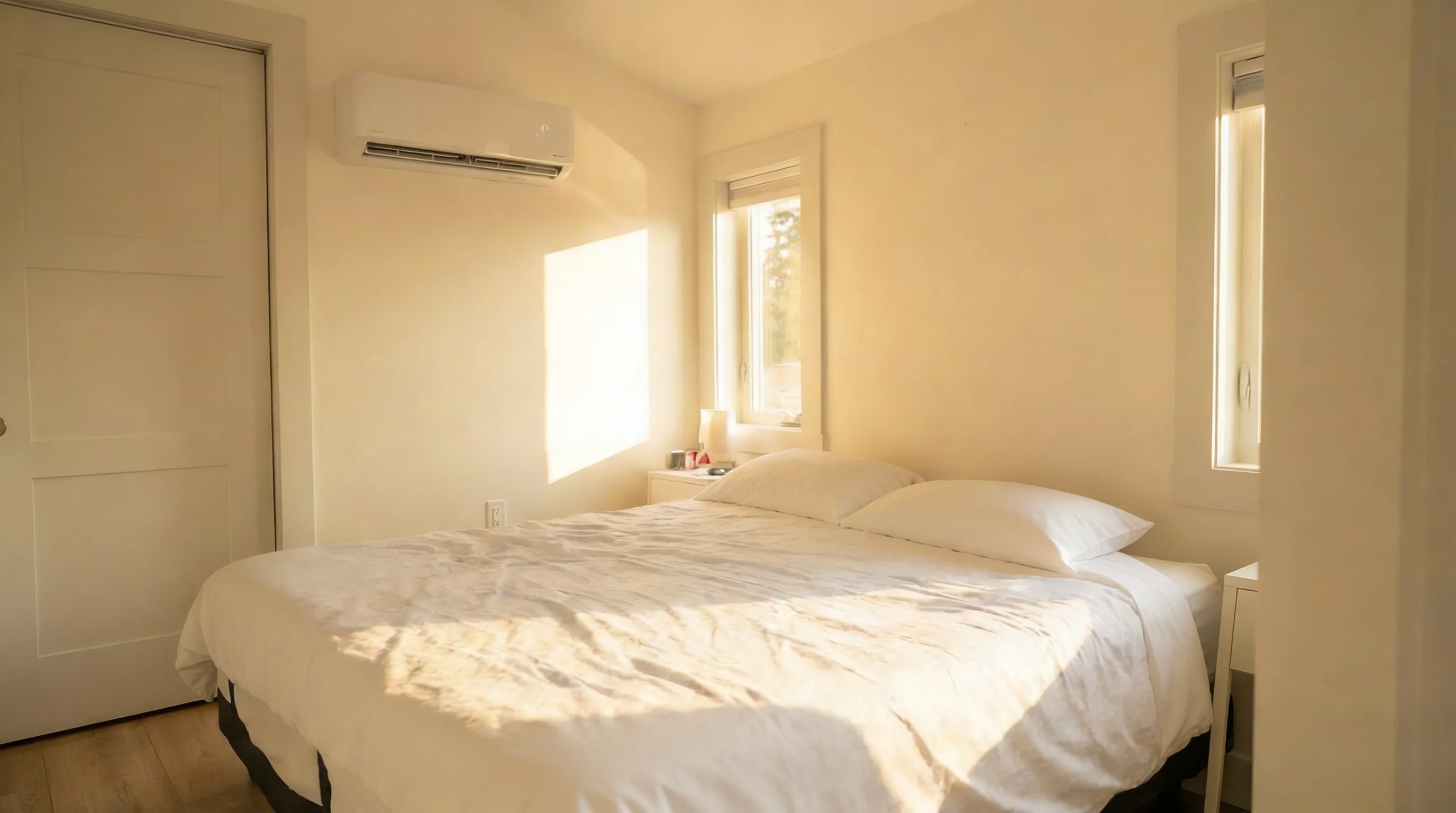 Sun-filled primary bedroom in Vancouver Custom Homes West 68th laneway home featuring white bedding, mini-split heating and cooling unit, hardwood floors, and large windows