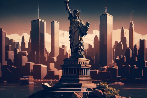 Artistic rendering of the Statue of Liberty with a stylized New York City skyline in the background, all set against a backdrop of mountains and a warm sky.