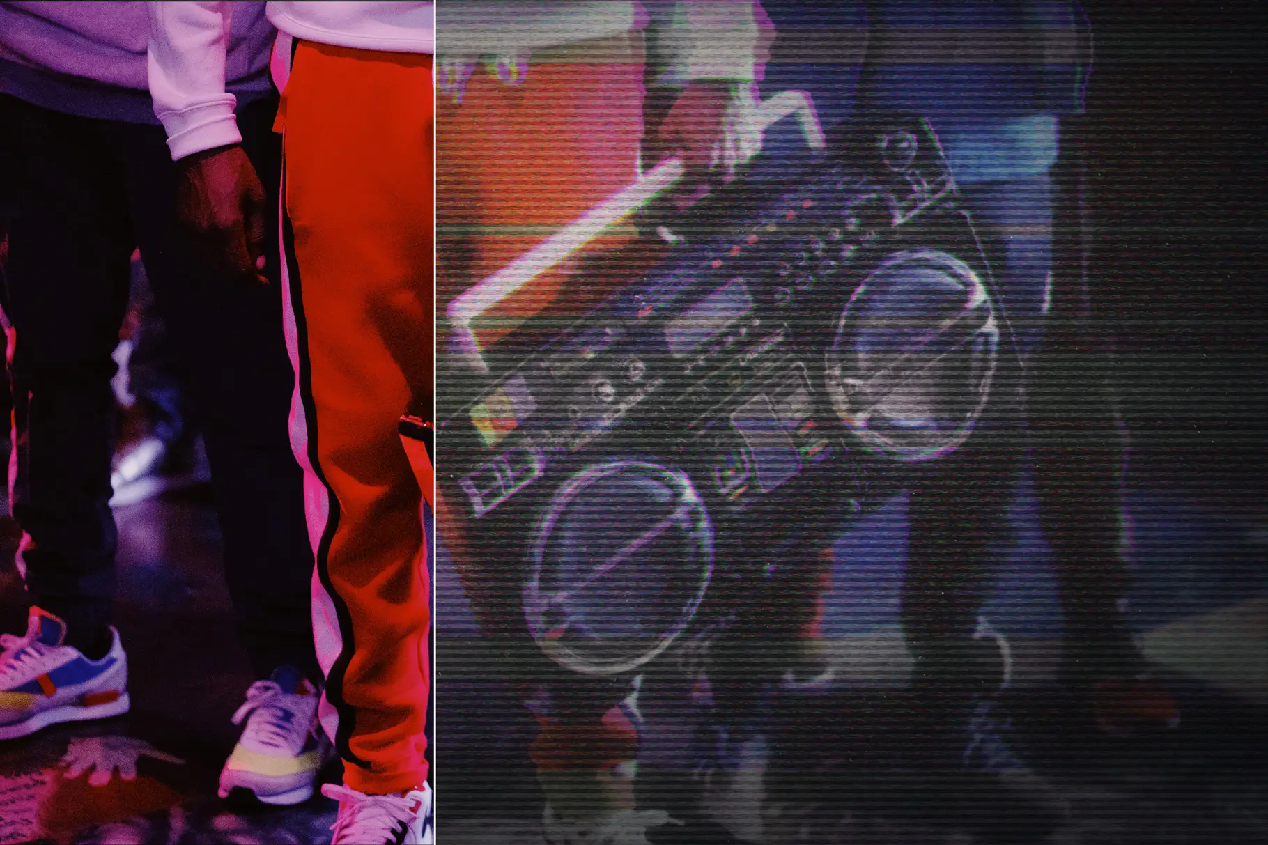 Side by side comparison showing a clean photo of people next to a version with heavy VHS noise and tracking errors