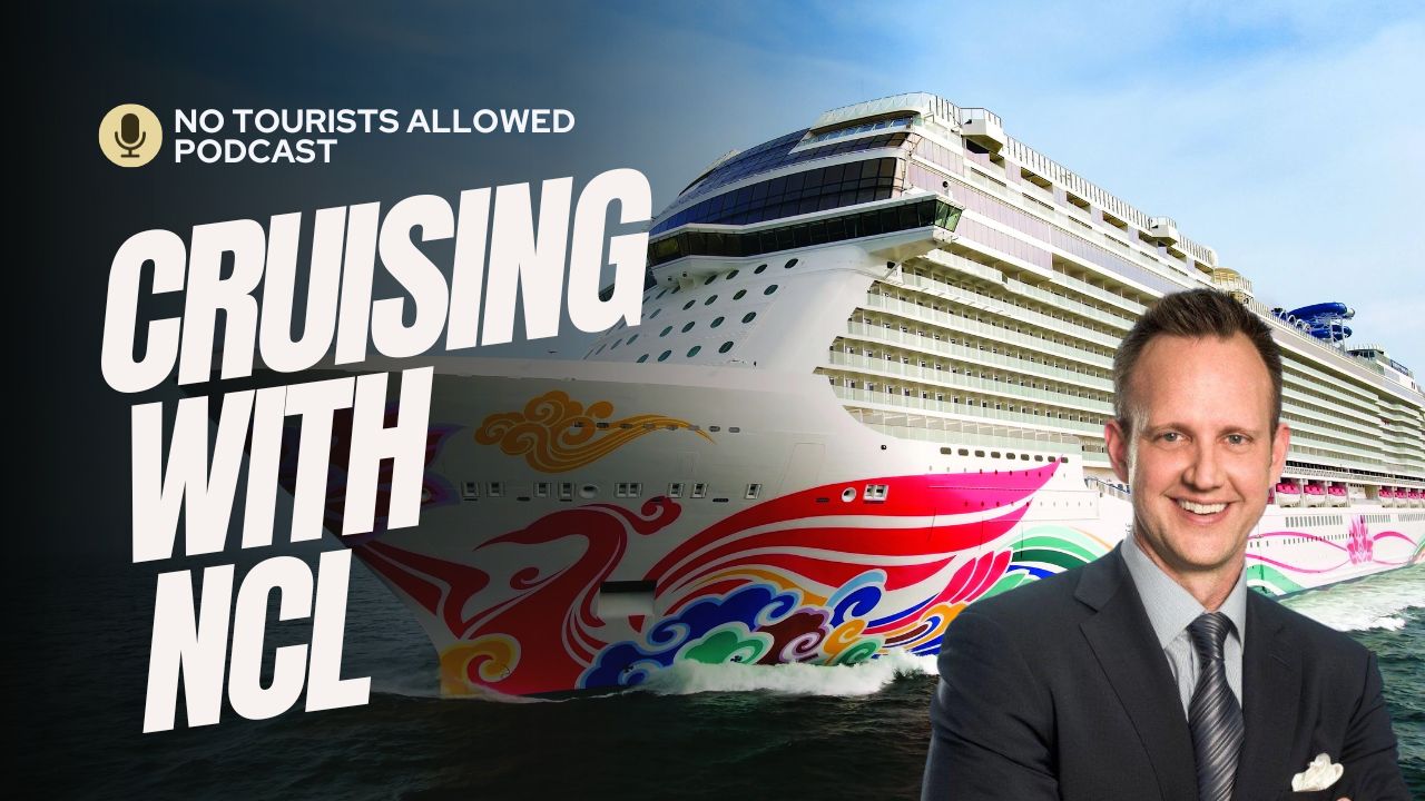 An image of a boat floating with the caption "FLOATING CITIES" above Mike Putman and James Ferrara, the No Tourists Allowed Podcast Hosts