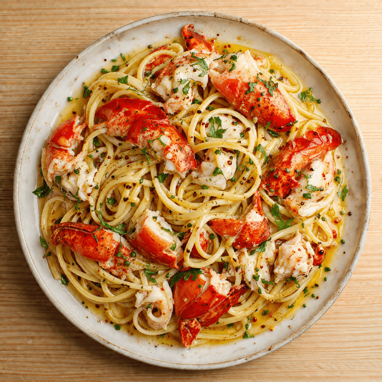 Lobster Linguine: Fresh linguine, lobster butter, cherry tomato, chive.