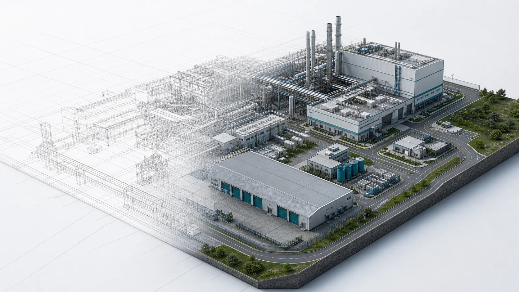 Photorealistic 3D building model transitioning from wireframe to rendered detail