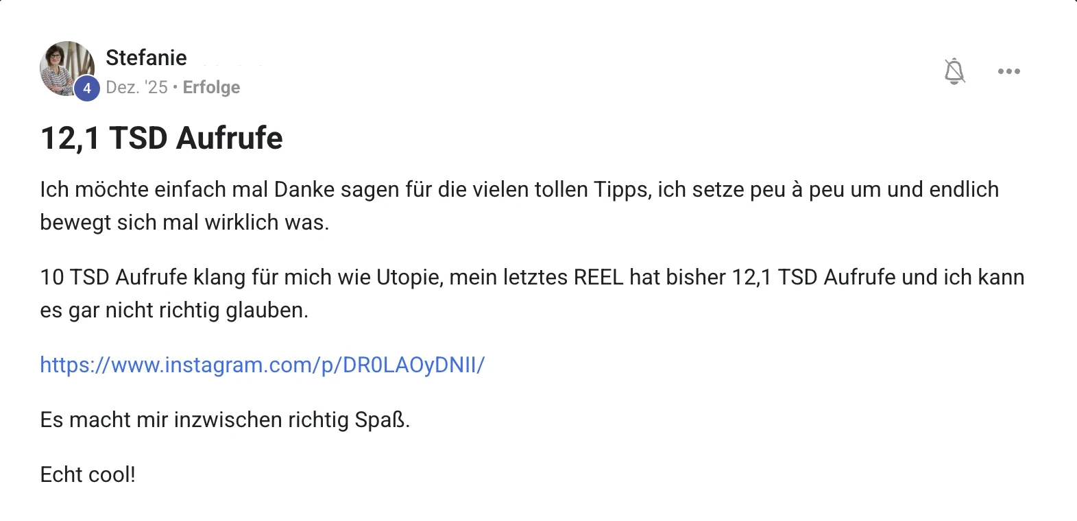 Erfolgsbericht KI Creator Akademie: Stefanies Reel erreicht 12.100 Aufrufe