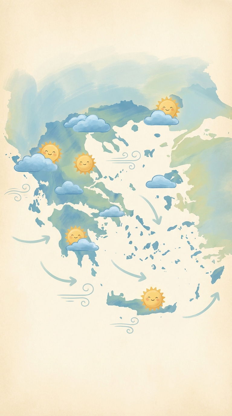 Conceptual weather map of Greece showing mild conditions with sun and clouds.
