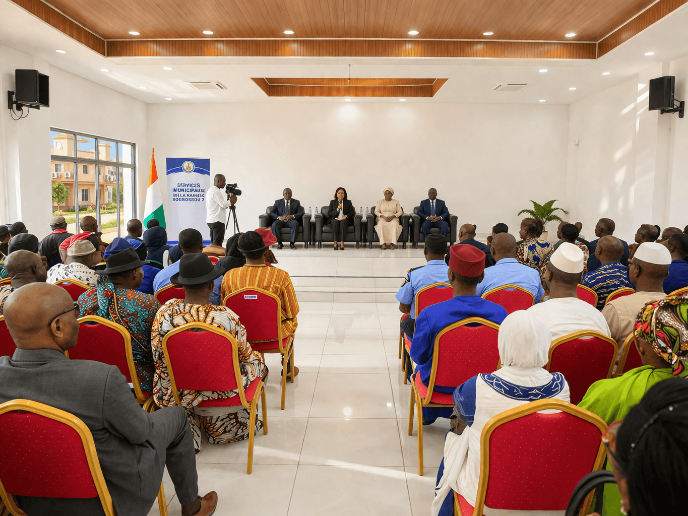 A serene outdoor wedding setup with white chairs arranged on green grass under a canopy of trees.