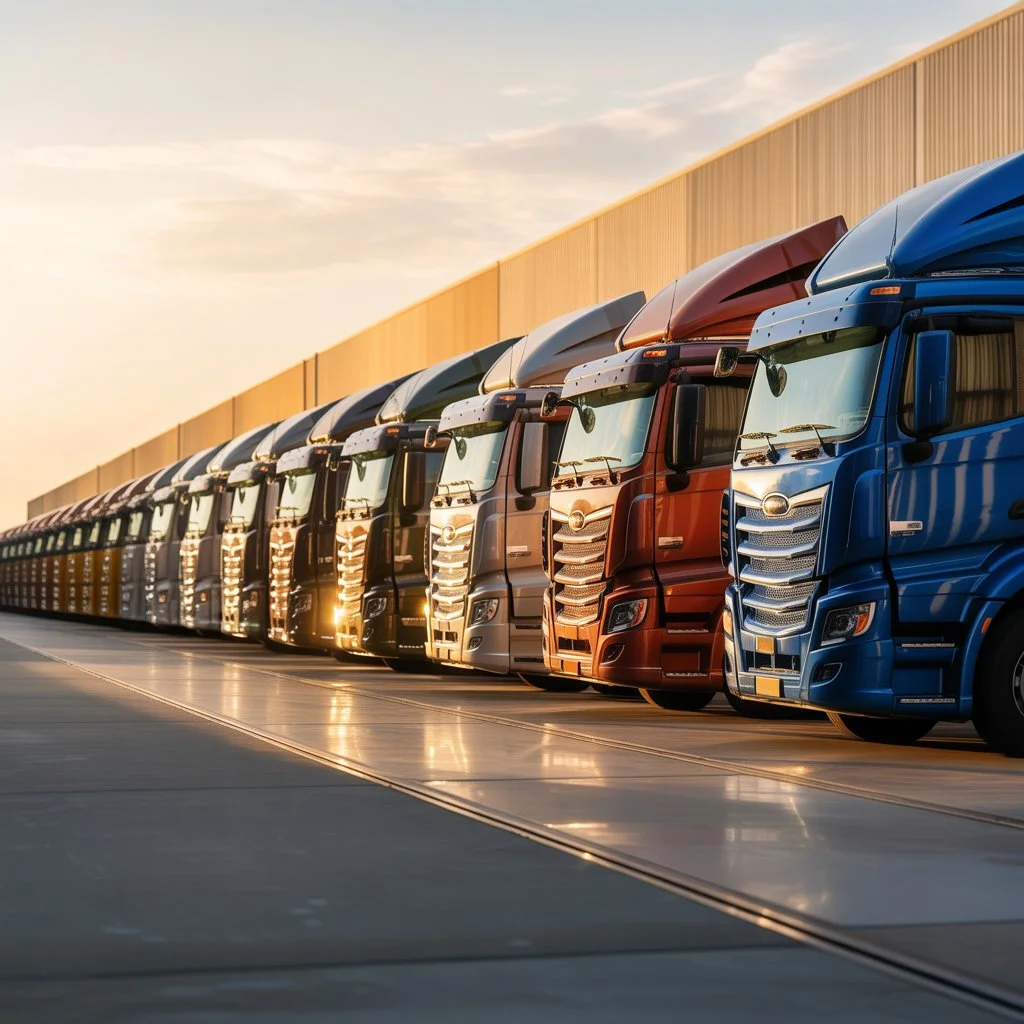 Moderne LKW-Flotte auf Betriebsgelände bei Sonnenlicht – Flottenversicherung ab 3 Fahrzeugen Rahmenvertrag Lions Group