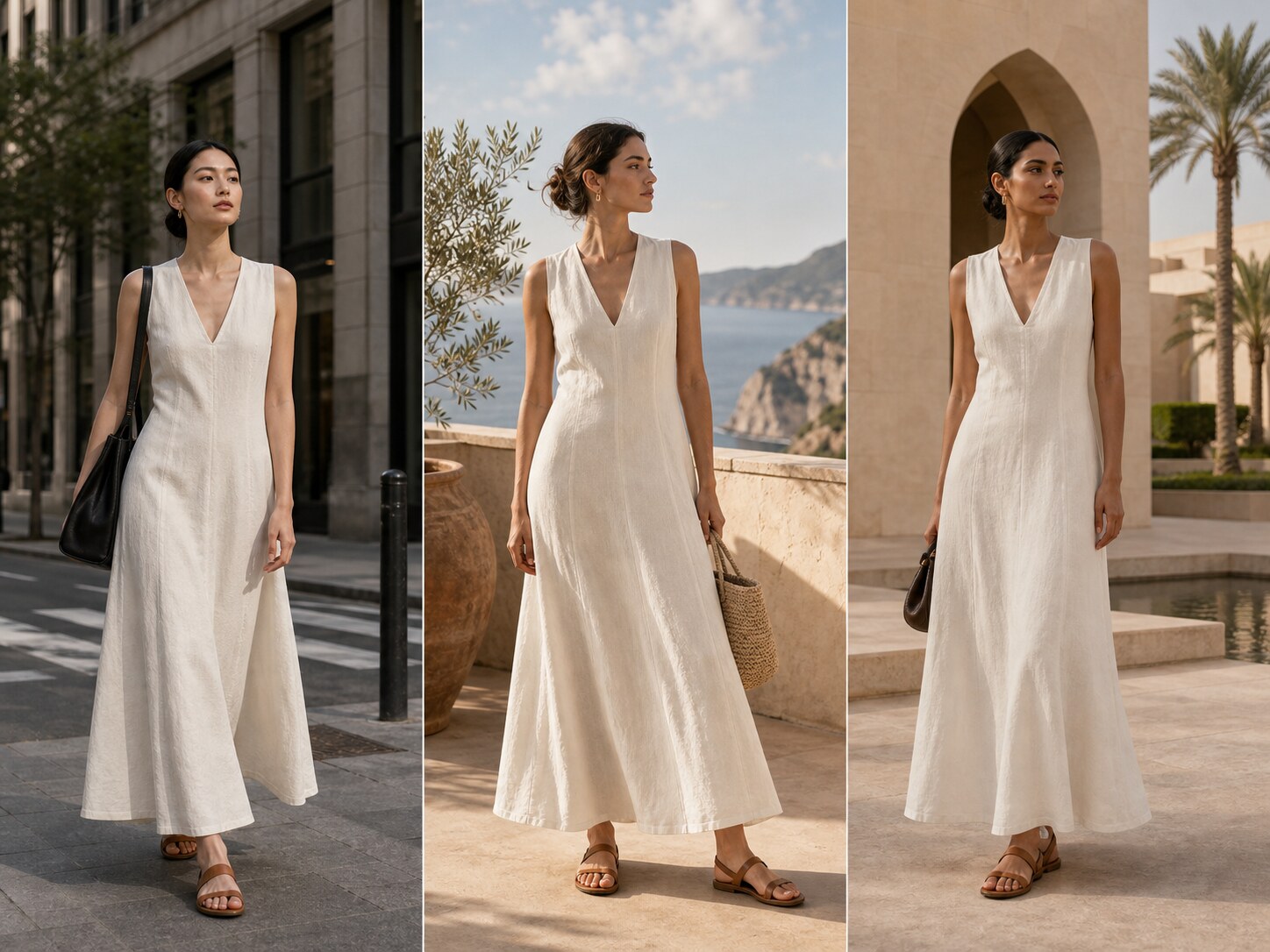 Ivory linen dress adapted across three polished market campaign settings.